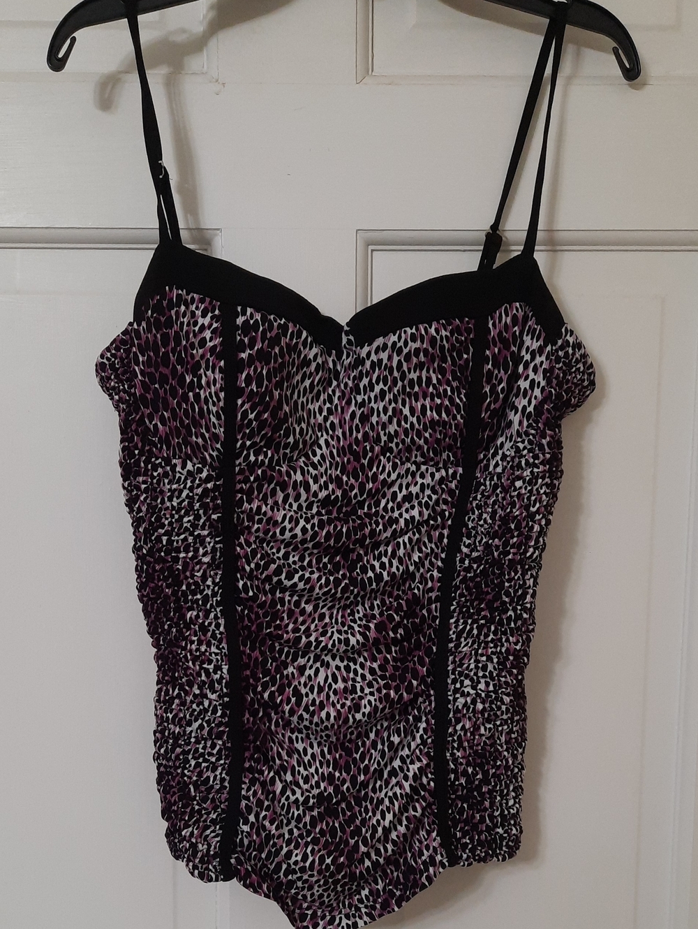 Purple Animal-Print Ruched Camisole with Black Trim